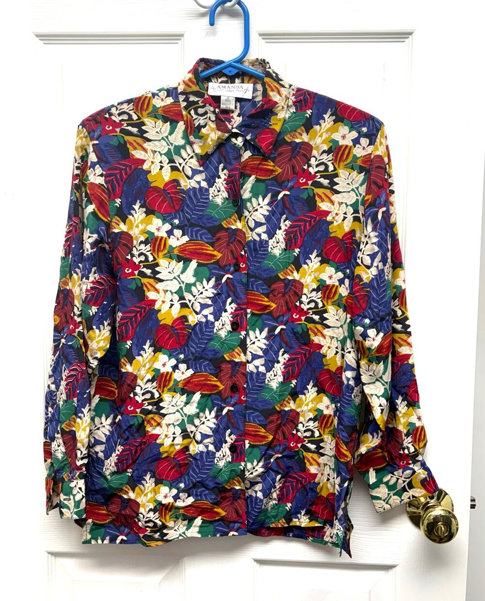 Amanda Italy Blouse Vintage Silk Floral Size S Tropical Print Shoulder Pads 90s